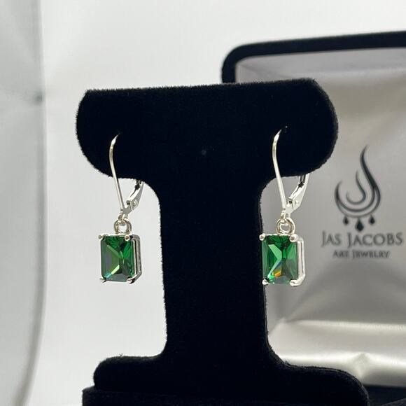 Beautiful 3ctw Emerald Cut Emerald Earrings in Sterling Silver May Birthstone - Picture 2 of 4
